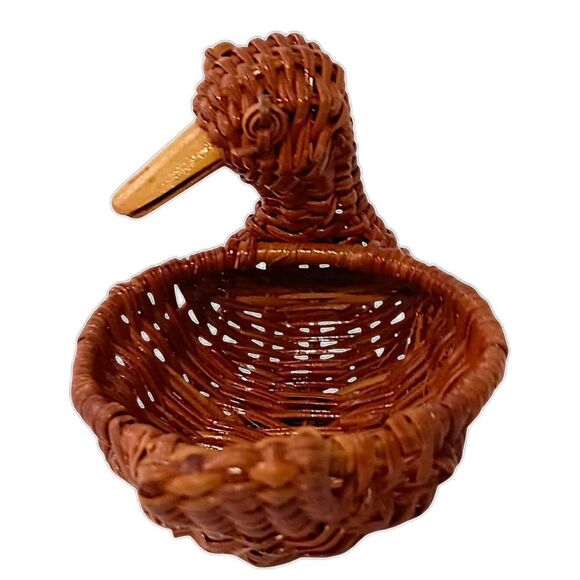 MINI Duck Shaped Wicker Basket Woven Rattan Vintage MCM Brown Wooden Beak Boho. - Picture 8 of 16